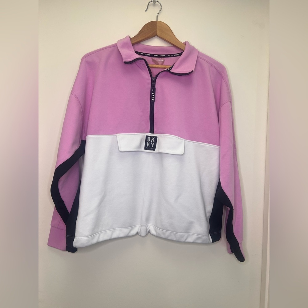 DKNY Sport Colorblock Quarter Zip Pullover Pink White Gorpcore Athleisure L
